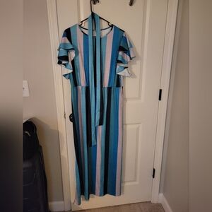 Striped Blue and Pink Ruffle Sleeve Dress